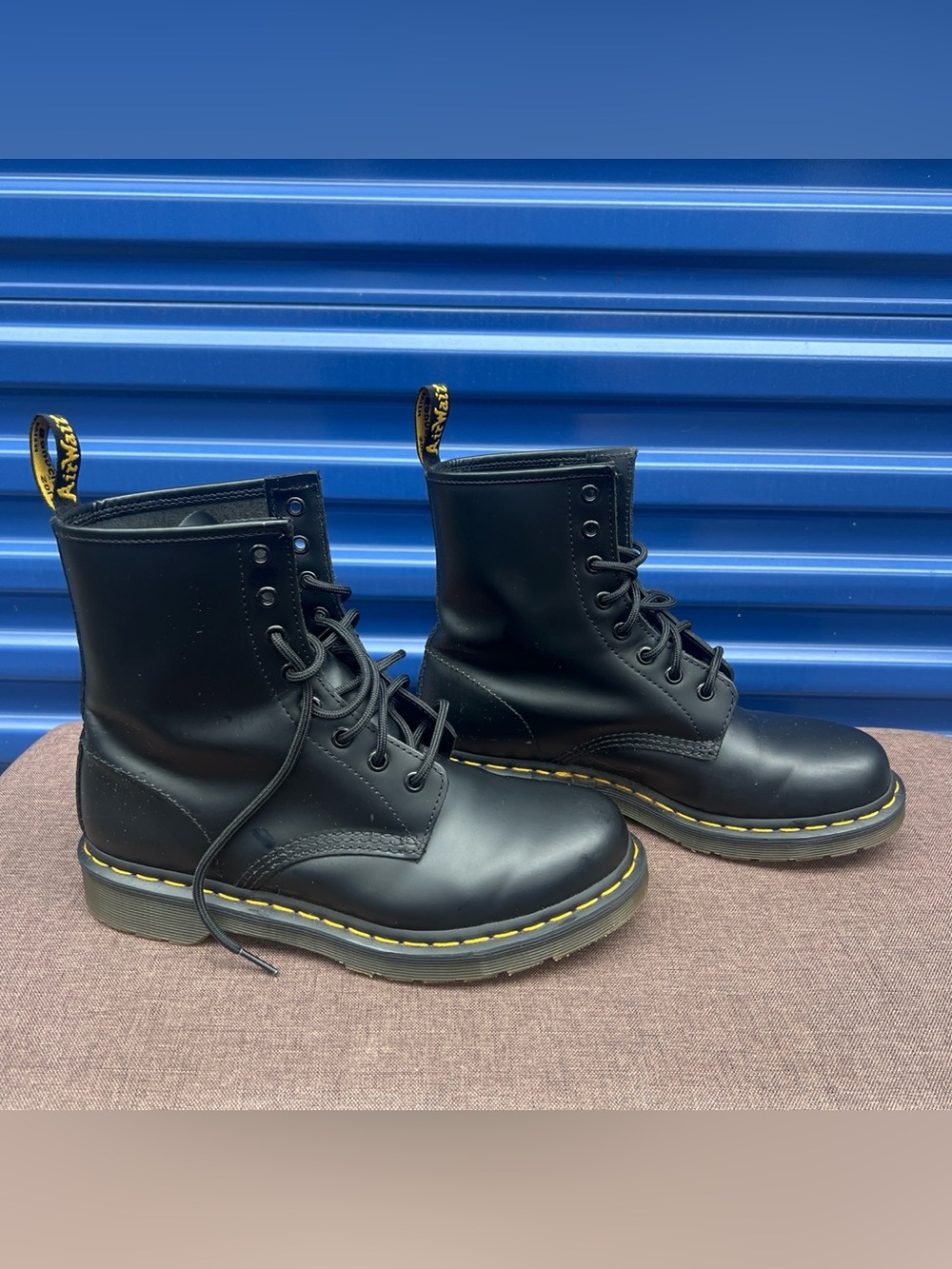 Dr. Martens Black Leather 8-Eye Lace-Up Boots with Yellow Stitching